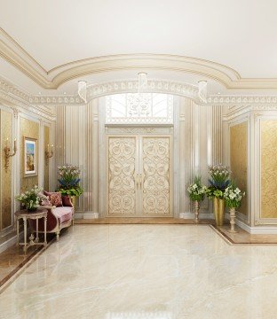 This picture shows a luxurious interior design with marble floors, crystal chandeliers, and ornately designed furniture. The walls are covered in a gray and white striped wallpaper, while the ceiling has a painted mural with gold accents. There is an elaborate fireplace in the corner and a large painting hanging on the wall. The room is complete with curtains, sconces, and a sofa set up with pillows and decorative throw blankets.