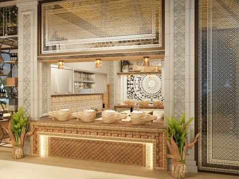 This picture is a luxury dining area with golden and marble elements, creating an absolutely stunning atmosphere.