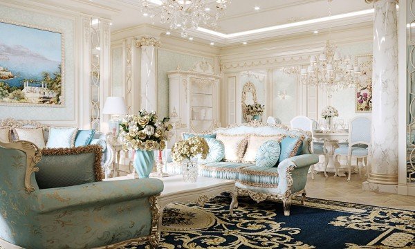 This picture is of a luxurious bedroom design created by Antonovich Design. The room features dark hardwood floors, a soft and inviting light blue wall, crystal chandeliers, and a cozy white and cream-colored bed. The room is also decorated with elegant furniture, ornate mirrors, and modern art.