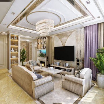 This picture shows a large elegant living room with a balcony. The room has beautiful white walls, white furniture and dark wood floors. The large sofa is upholstered in a beige and grey fabric, and a matching armchair is positioned in the corner. A glass coffee table sits between the sofa and armchair, and a large mirror hangs on the wall. On the balcony, two chairs and a small table are visible, and there are potted plants on the floor.