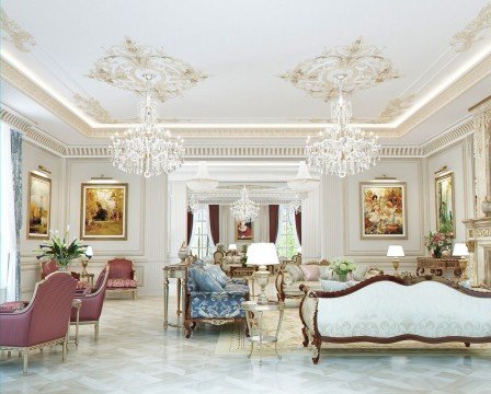 This picture shows a luxurious modern bedroom interior with cream and white color scheme. The furniture includes a large bed, two matching nightstands, and a plush white sofa. The walls are decorated with a geometric pattern that adds texture and drama while still maintaining the classic monochrome look. The room also has a dramatic chandelier that adds to the luxurious feeling of the room.