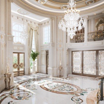 The picture shows an opulent and modern bathroom. There is a luxurious, dark brown wooden kitchen cabinet with a black marble countertop and a double-basin sink, next to which are two tall mirrors with ornate frames. On the right side of the room is a spa-like shower cubicle with marble walls and a glass door, and on the left is a freestanding bathtub with a curved body and intricate claw feet. A comfortable armchair and a small table are positioned in the corner.