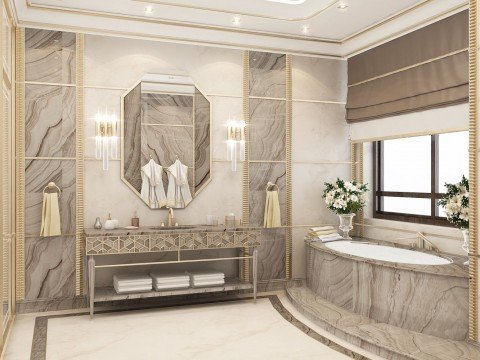 Modern interior design in classic style with luxurious marble walls and beige furniture.