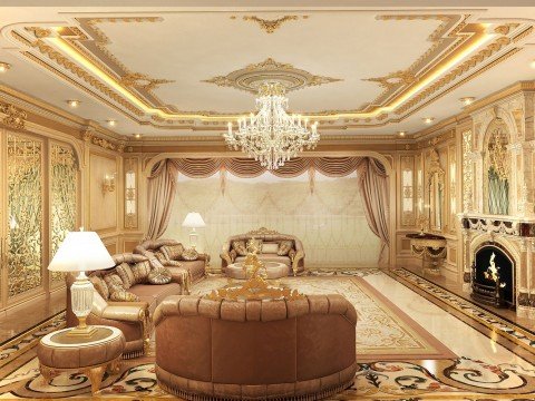 This is a picture of a luxurious and elegant bedroom. The walls of the room are painted in a deep yellow color, and the furniture is finished in an ivory shade with golden accents. The room is illuminated by two wall-sconces, one on either side of a large mirror. The bed has a luxurious white bedspread and matching pillows, and is flanked by two tall nightstands. A crystal chandelier hangs from the ceiling, and a comfortable armchair is positioned by the window.