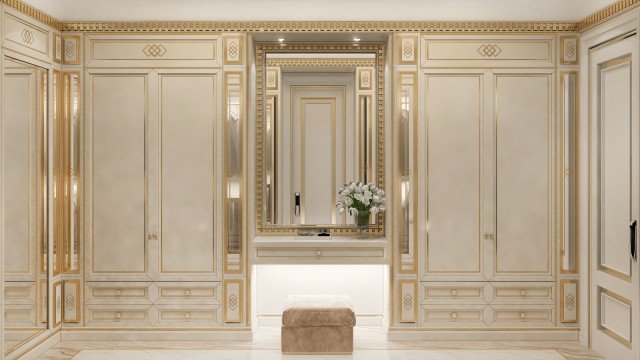 Luxurious and modern black and white bathroom concept with a washbasin made of marble, chandelier, and golden accessories.