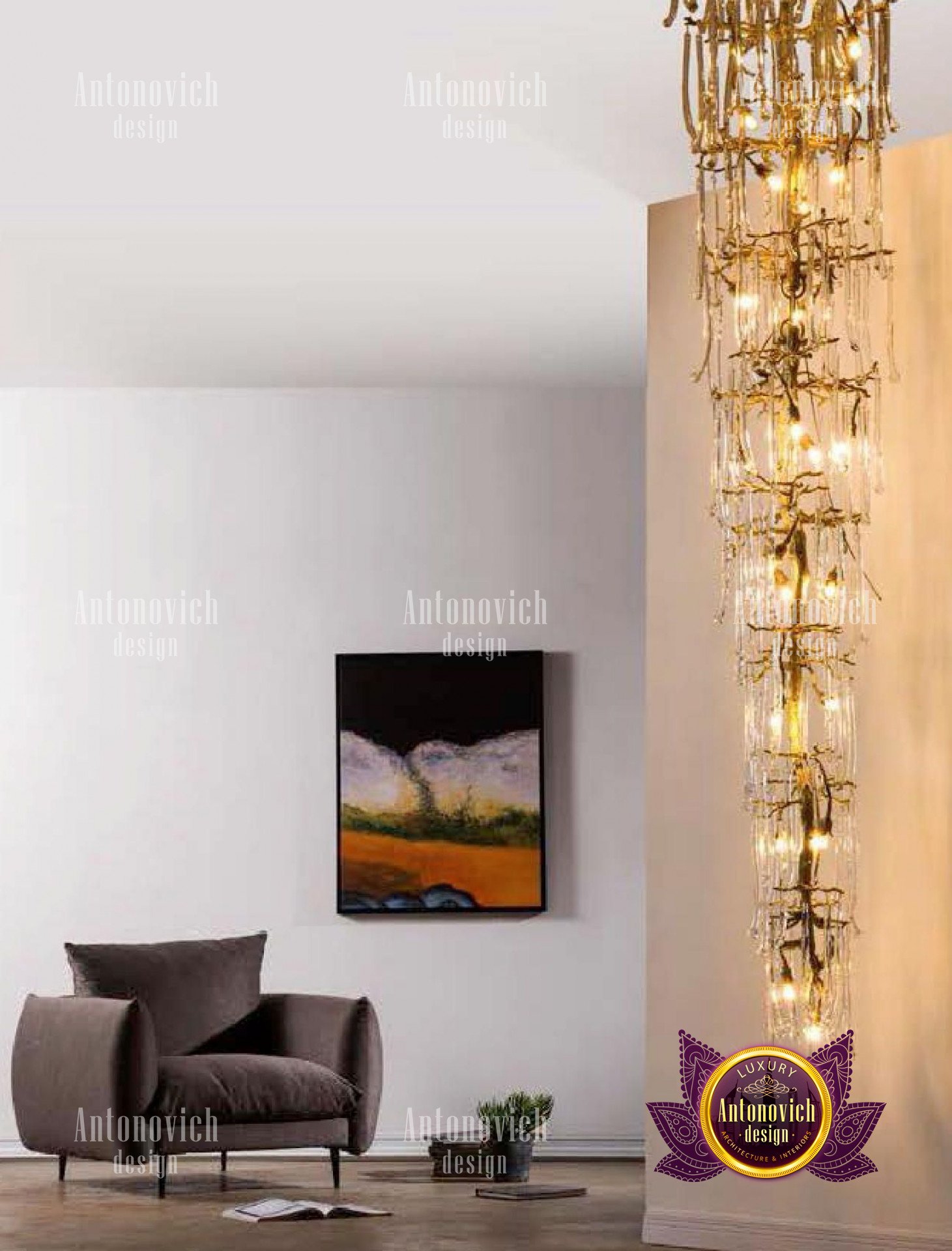 Sophisticated crystal chandelier featuring intricate black detail and a series of cascading arms.