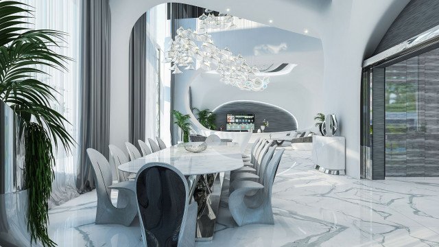 This picture shows an interior design of a luxury home. The room appears to be a living room or dining room with plush furniture and eye-catching details, such as a modern ceiling design featuring recessed lighting, wall sconces and a crystal chandelier. In the center of the room is a round white marble table, surrounded by elegant high-backed chairs. The walls are painted in a soft neutral color and have accent wallpaper featuring a subtle floral pattern. Rich Persian rugs provide an additional layer of texture and depth to the room.