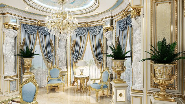 This picture shows a luxurious interior design concept. The room, which is elaborately decorated with expensive furniture and chandeliers, features a grand fireplace and an ornate white mantelpiece, flanked by two crystal vases. There is also a patterned area rug that complements the sleek, modern furnishings. The walls are covered in a tan-colored wallpaper and the floors are laid with a dark hardwood.