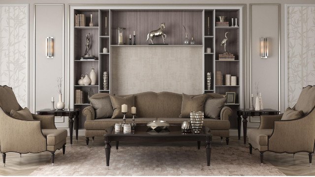 This picture shows a luxurious modern living room with a dramatic beige, cream and wood color palette. The room includes a large U-shaped sofa upholstered in white and gold, set against a stunning beige stone wall with wood paneling. The walls are adorned with beautiful art canvases and there is a cozy fireplace that adds to the inviting atmosphere of the space. A marble coffee table sits at the center of the area, surrounded by two armchairs and a few side tables.