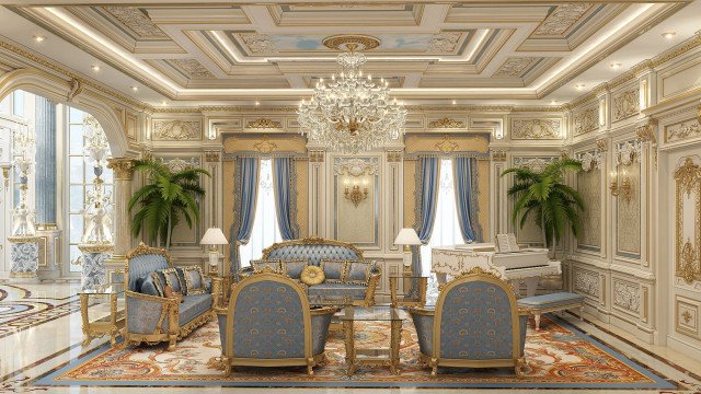 This picture shows a luxurious living room designed by Antonovich Design. The room features rich gold, beige and brown hues, with an elegant mix of fabrics, textures, and patterns in the furniture, cushions, curtains, and rugs. There is a beautiful grand chandelier, ornate beveled mirrors, and intricately patterned wallpaper. The floor-to-ceiling windows provide plenty of natural light.