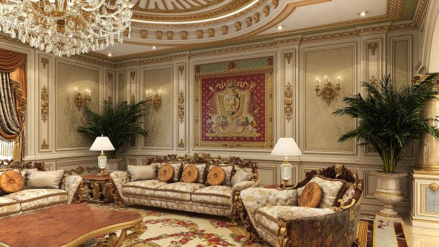 Luxurious apartment decorated with classic furniture, gilded accents and bright fabrics for an elegant living experience.