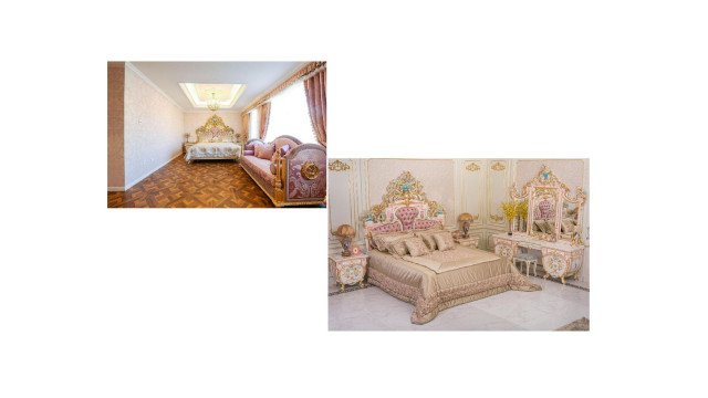 This picture shows a luxurious bedroom interior with a high vaulted ceiling. The floor is covered in a light wood parquet, and the walls are decorated with large floral-design murals. In the center of the room is a massive four-poster bed, with thick white bedding that has a gold trim. There is an ornate armchair near the bed, and several art pieces hanging on the wall. The room also has a window with a deep blue velvet curtain.