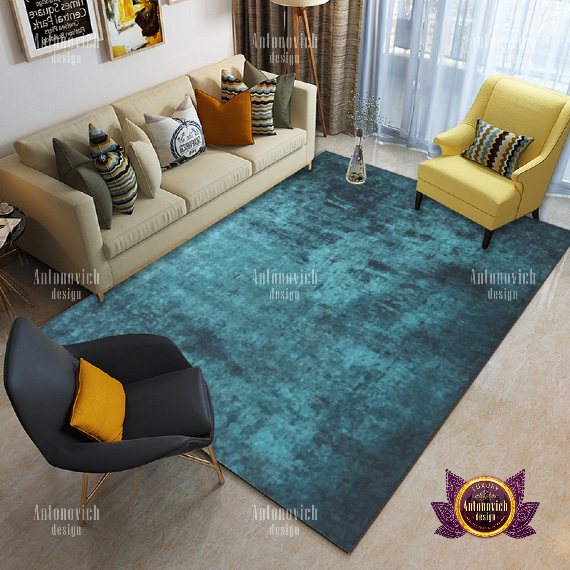 Interior design in modern style featuring a voluminous chandelier, two sofas and an ornate coffee table set in front of a grey wallpaper backdrop.