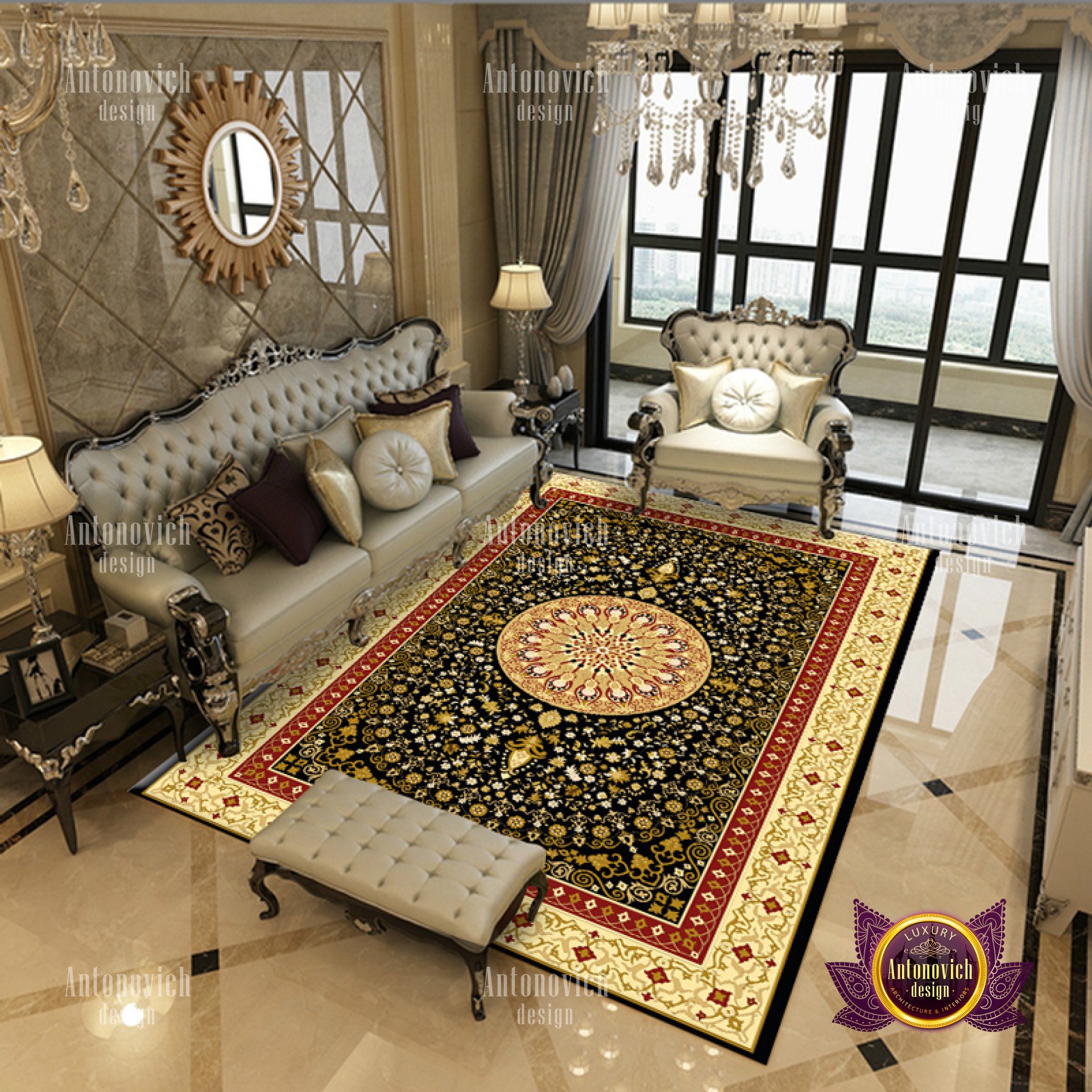 This is a picture of an elegant and modern bedroom design. It shows a large king-sized bed with a light grey tufted headboard, surrounded by white walls and several plants. In the foreground there is an upholstered bench at the foot of the bed and a bench with a round table and ornate mirror above it. A patterned rug and two armchairs complete the look.