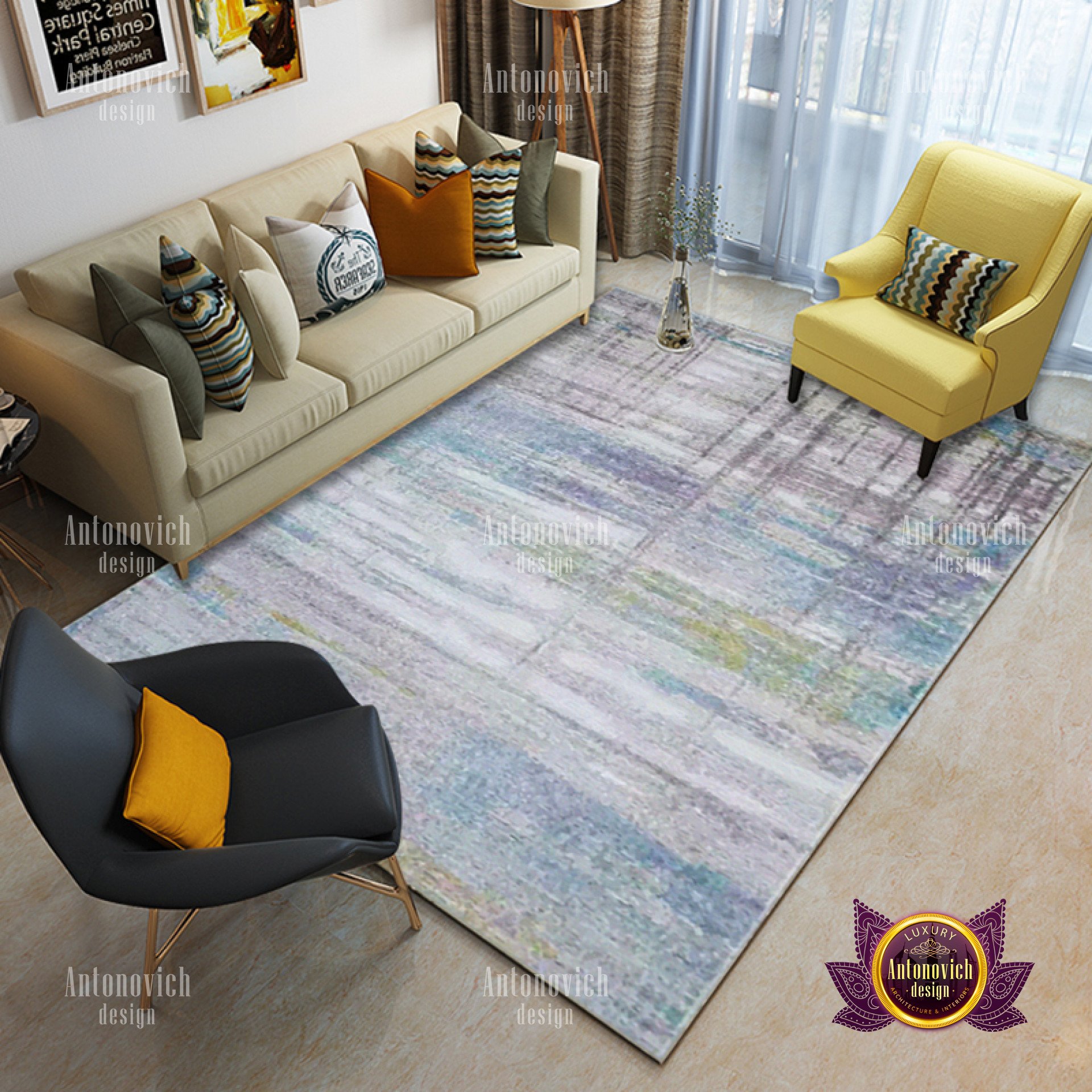 This picture shows a modern living room with an eclectic design. It has a dark gray sofa and two white armchairs with gold accents. There is an abstract painting on the wall, and an ottoman in the center of the room. On the left side is a shelf with books and photo frames, and a carpet with a geometric pattern on the floor.