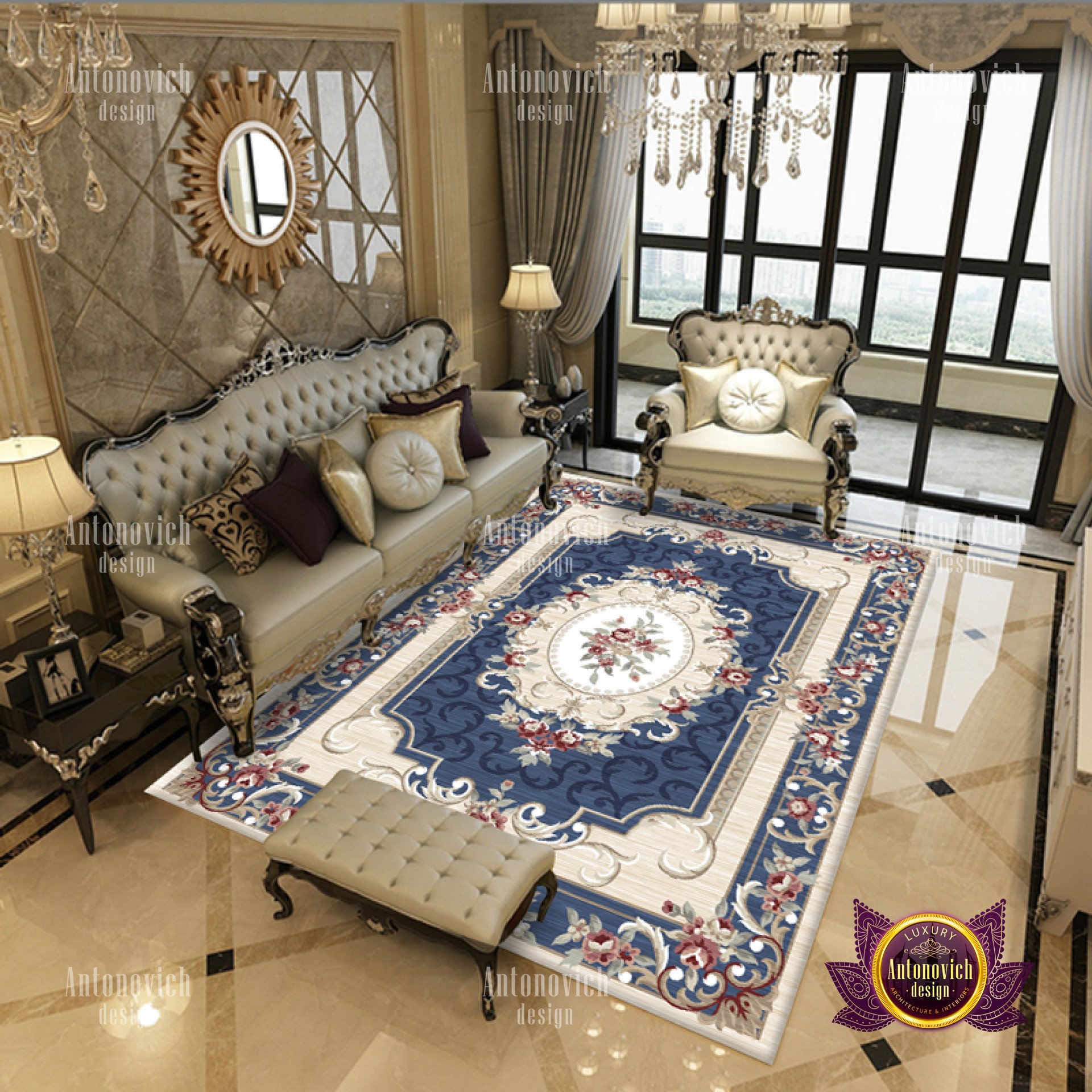 This picture shows a luxurious, modern dining area. The walls have been covered in sleek white marble and the floor is fitted with light wood parquet flooring. The room is filled with an elegant white dining table, an ornate oval mirror, and two white chairs with silver upholstery. An abstract painting is mounted on the wall, adding a splash of color to an otherwise minimalist design.