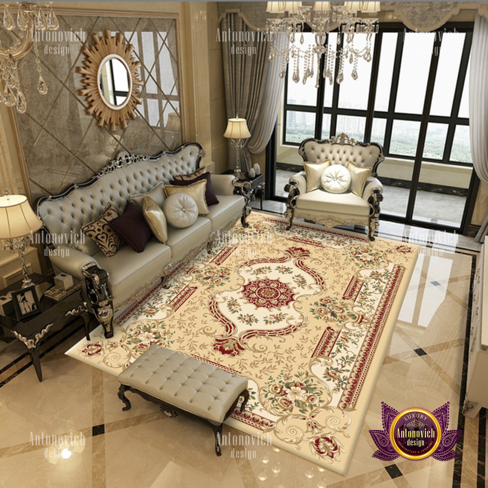 This picture shows an elegant and luxurious living room designed by Antonovich Design. The walls are a rich, deep gray color and the floors are light gray marble with black marble accents. There is a grand, U-shaped white sofa in the center of the room, and it is accented with silver and gold pillows. A large round coffee table is situated in front of the sofa and there is a white marble fireplace with a gold trim. On either side of the room are large windows with white curtains.