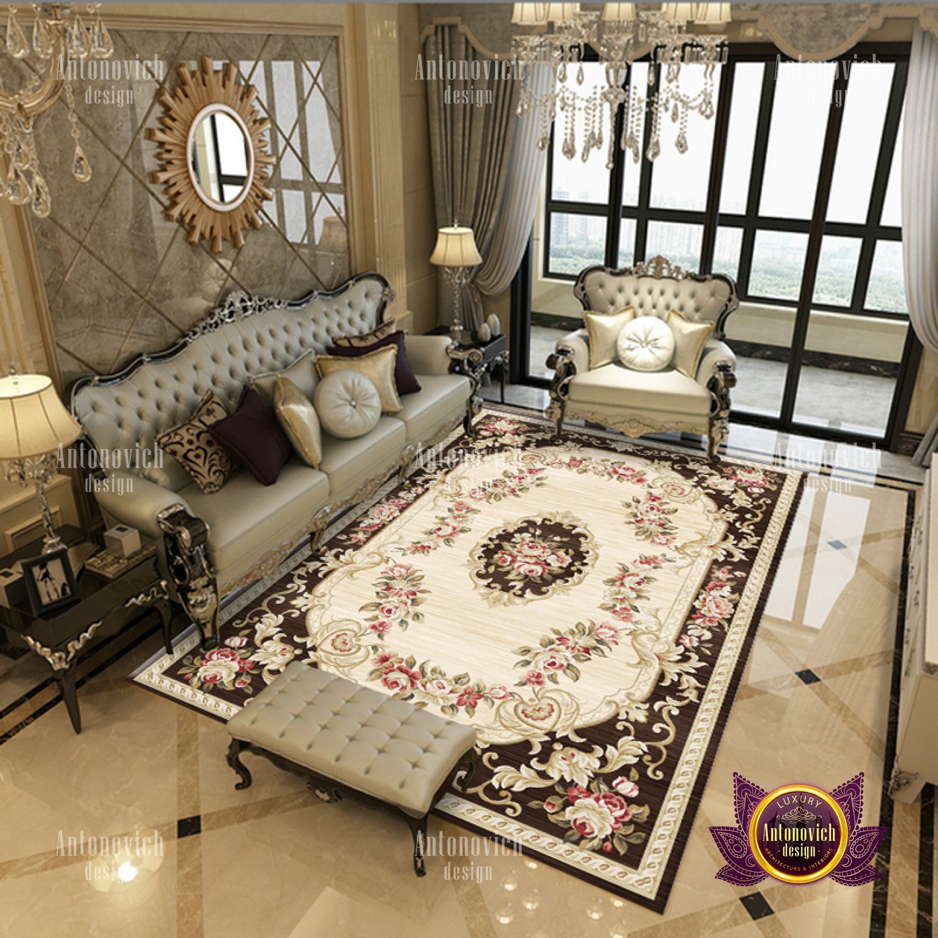 This picture shows a luxurious modern western style living room with a beige suede sofa set, ottoman chairs and a wooden coffee table. The room also includes a large rug, drapes and a large wall painting of nature scene. The walls are paneled with a light texture finish and have built-in shelves that house decorative items such as vases and ornamental plants. The lighting fixtures are stylish and unique, providing soft and comfortable illumination to the room.