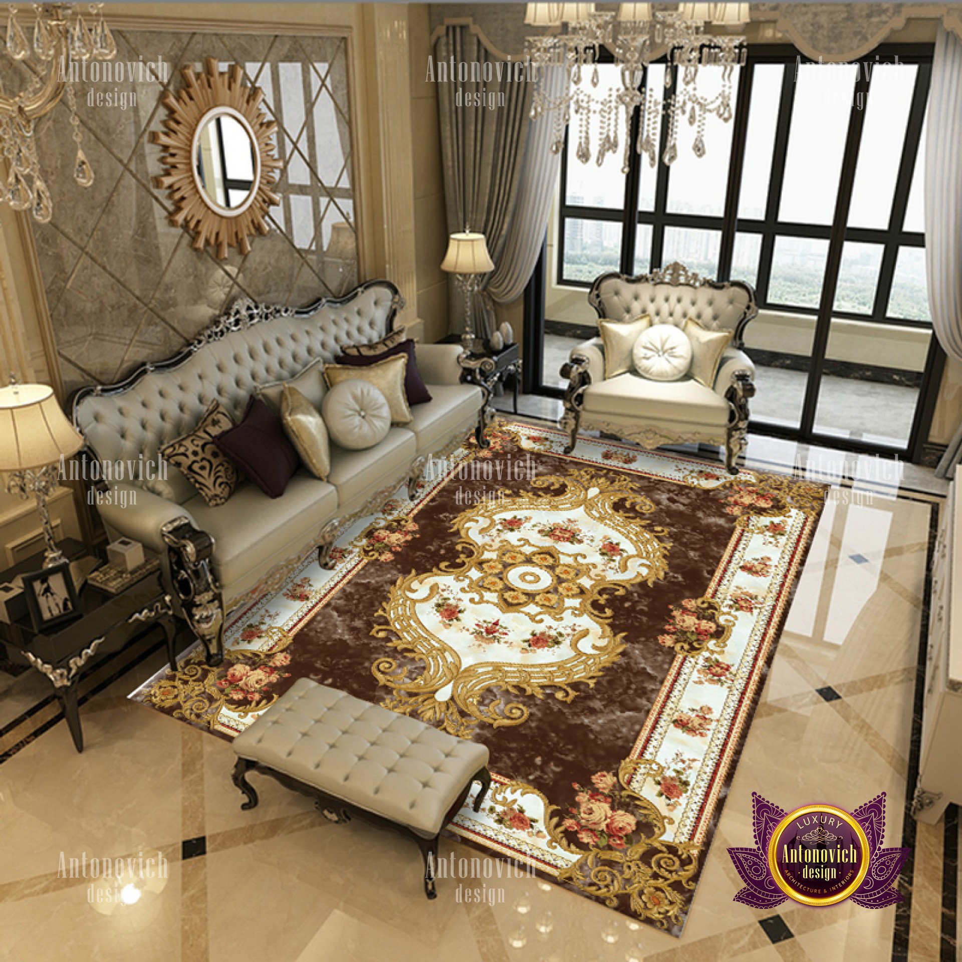 An ornate dining room with an intricately carved white armoire, a large chandelier, a plush grey sofa, and a well-crafted wooden dining table set.