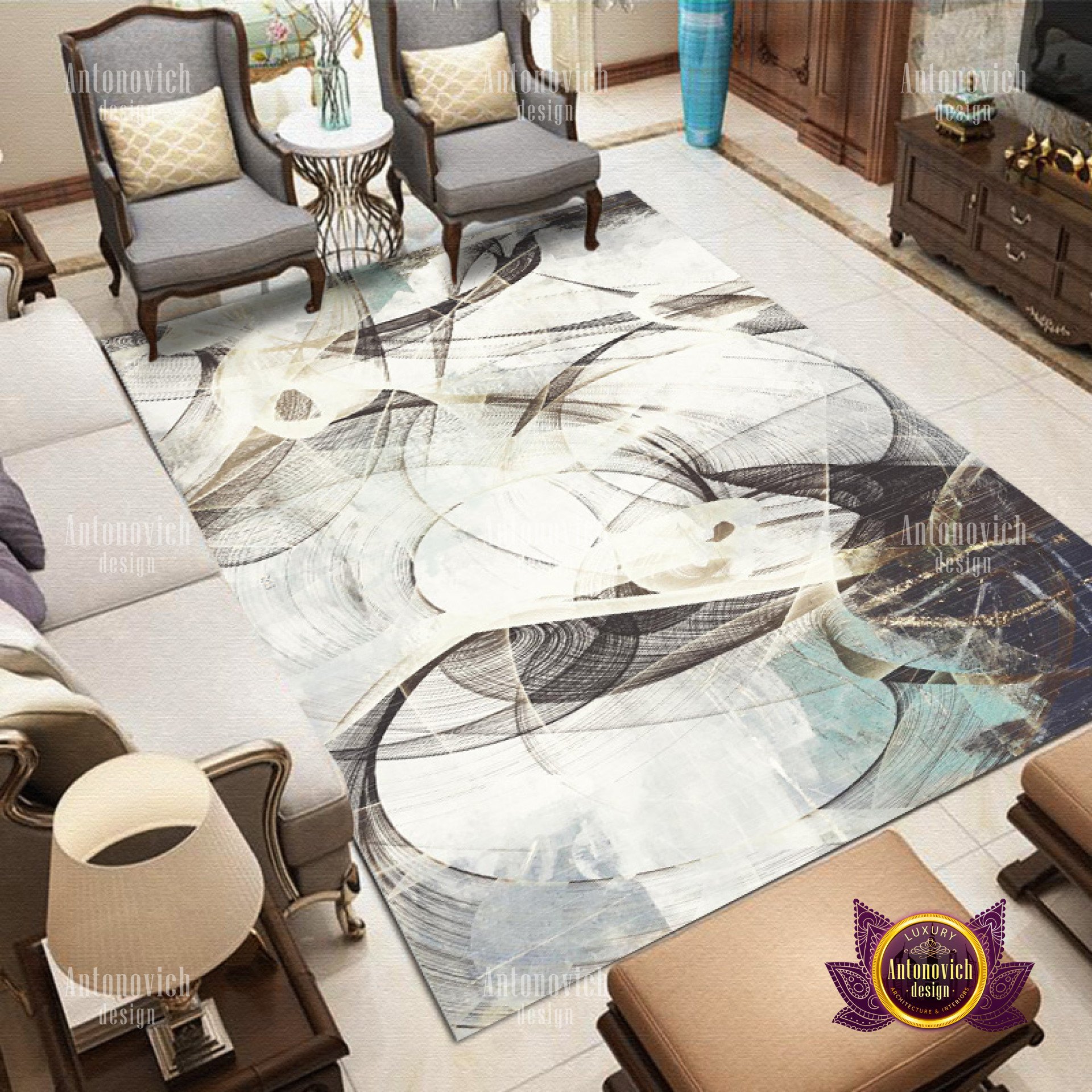 This picture shows a modern and luxurious living room. It features a plush white leather couch with matching accent chairs, a stylish glass coffee table, and a large brown shag rug. The walls are decorated with a gallery of bright and colorful paintings, along with a unique overhead light fixture. The room is finished off with an elegant crystal chandelier, giving the space an extra sparkle.