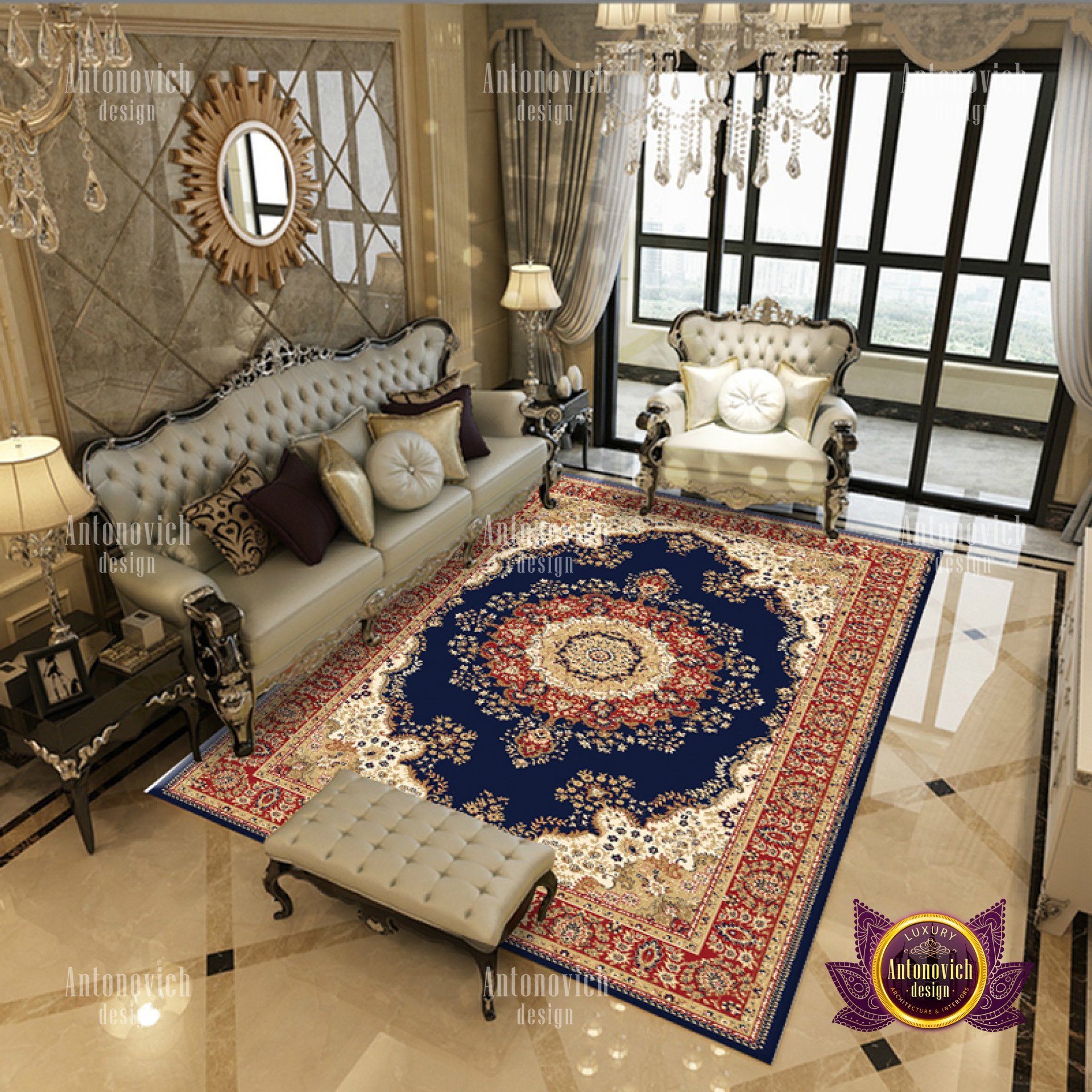 This picture shows a luxurious living room with a modern design. The walls are painted a light gray color, and the floor is covered with a white rug. A white sectional sofa is centered in the room, with two side tables on either side of it. On one side, a round glass table sits between two billowy chairs upholstered in a dark gray fabric. On the other side, a smaller sofa and armchair add additional seating. Above the sofa, an abstract painting hangs on the wall. A large modern chandelier hangs from the ceiling, adding to the