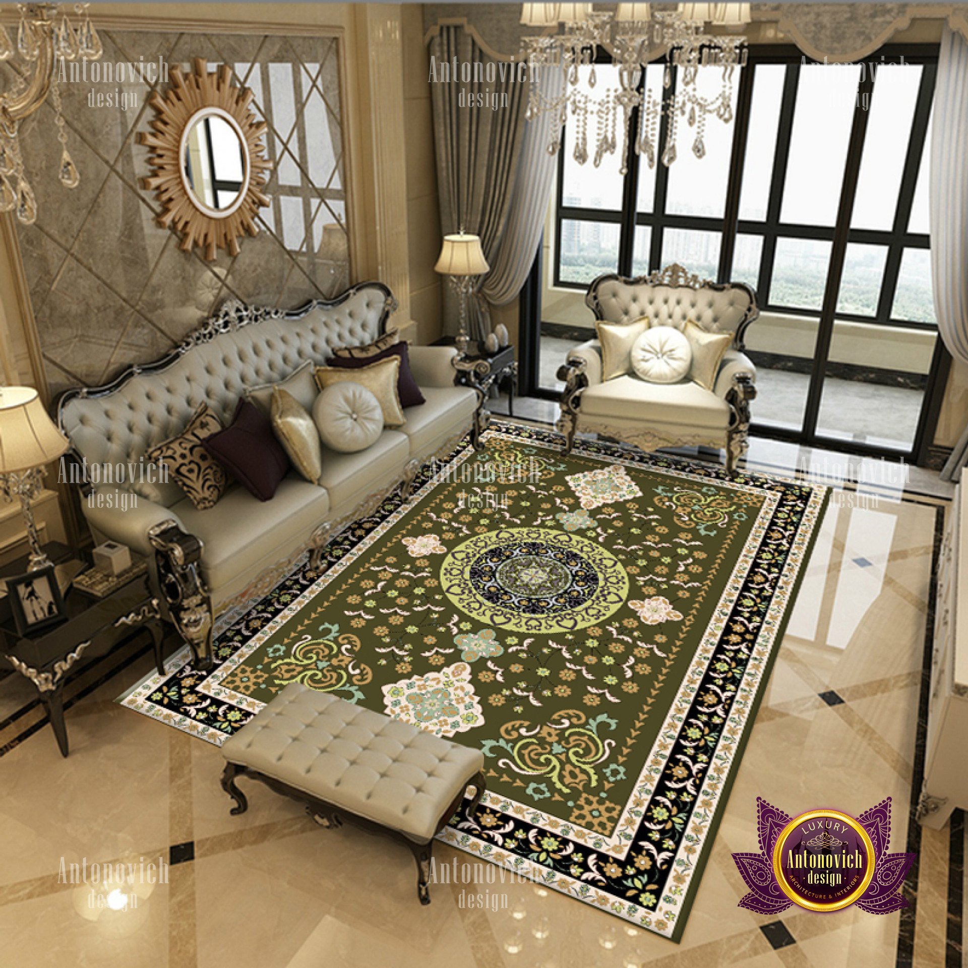 This picture shows a luxurious, contemporary dining room with elegant decor. The walls are painted a soft grey, and the furniture is a mix of white and black leather. The large table is set for four, and it has gold accents and contemporary lighting fixtures. The windows feature dark velvet curtains, and the floor is covered in a light-colored rug.