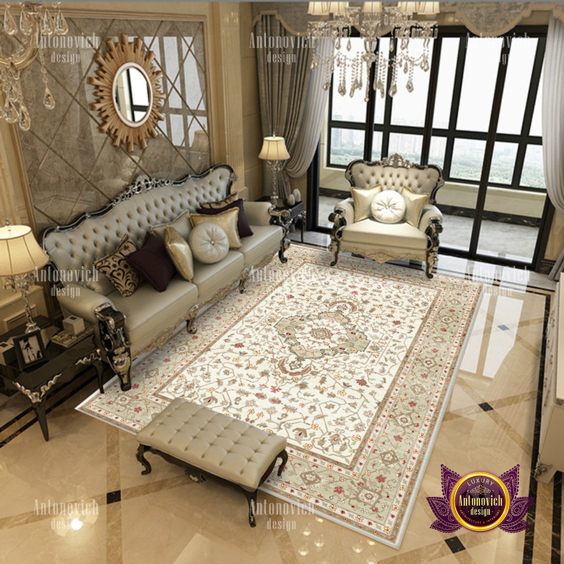 This picture is of a modern, luxurious bedroom designed by Antonovich Design. The room has floor-to-ceiling windows covered with sheer drapes to allow natural light in while still providing privacy. The decor is mostly white, with accents of gold and purple. There is a king-sized bed with a plush headboard, surrounded by white and gold nightstands, and topped with a vibrant purple and black patterned blanket. The walls are decorated with gold mirrors and luxurious wallpaper, and the floor is covered with an ornate white and gold rug.