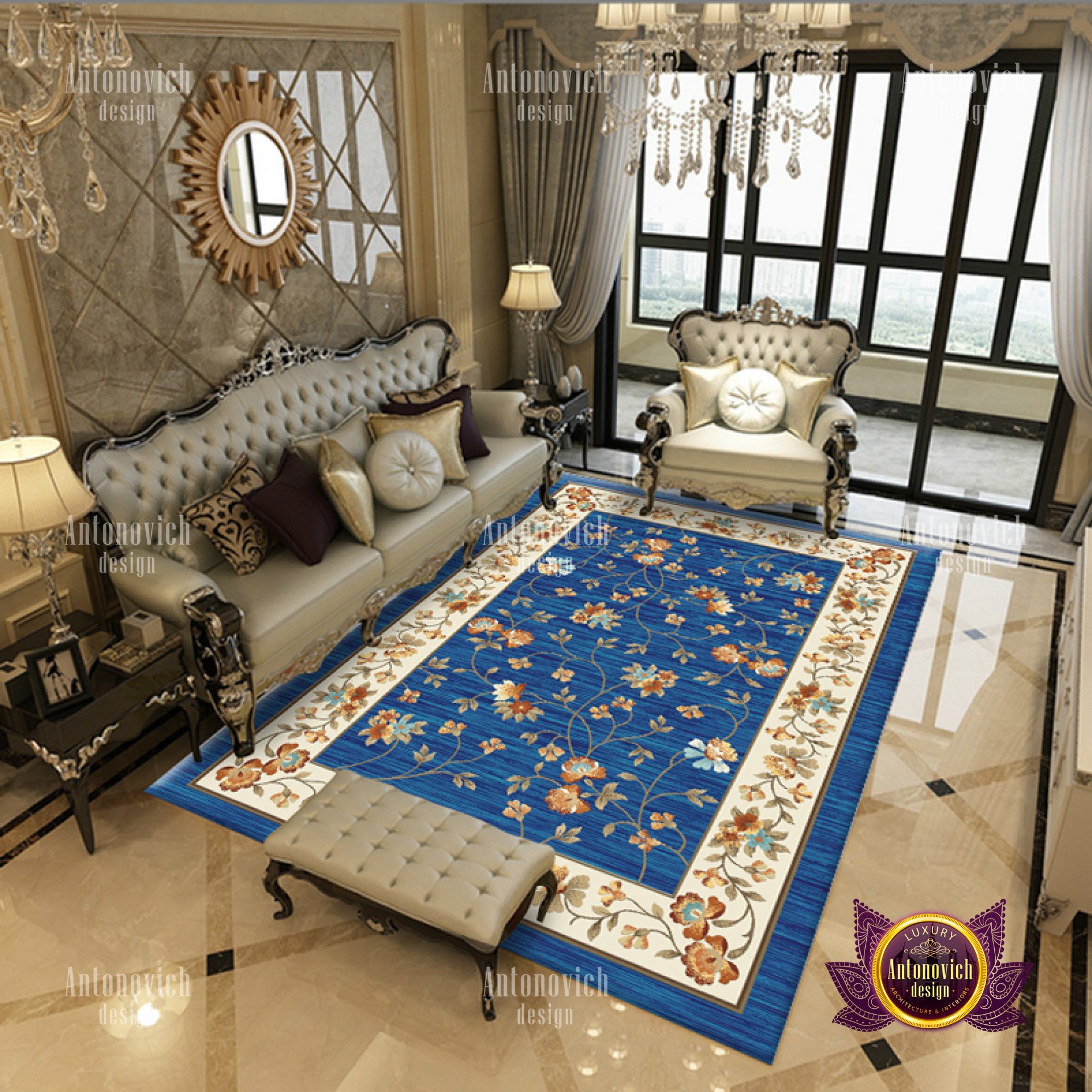 This picture shows a luxurious double-story ceiling in a grand entrance hall. The ceiling is decorated with intricate ornamentation of floral patterns. At the center, there is a stunning gold chandelier with multi-tiered crystal pendants. The floor is lined with marble tile, and the walls are painted a deep burgundy color and lined with gold accents.