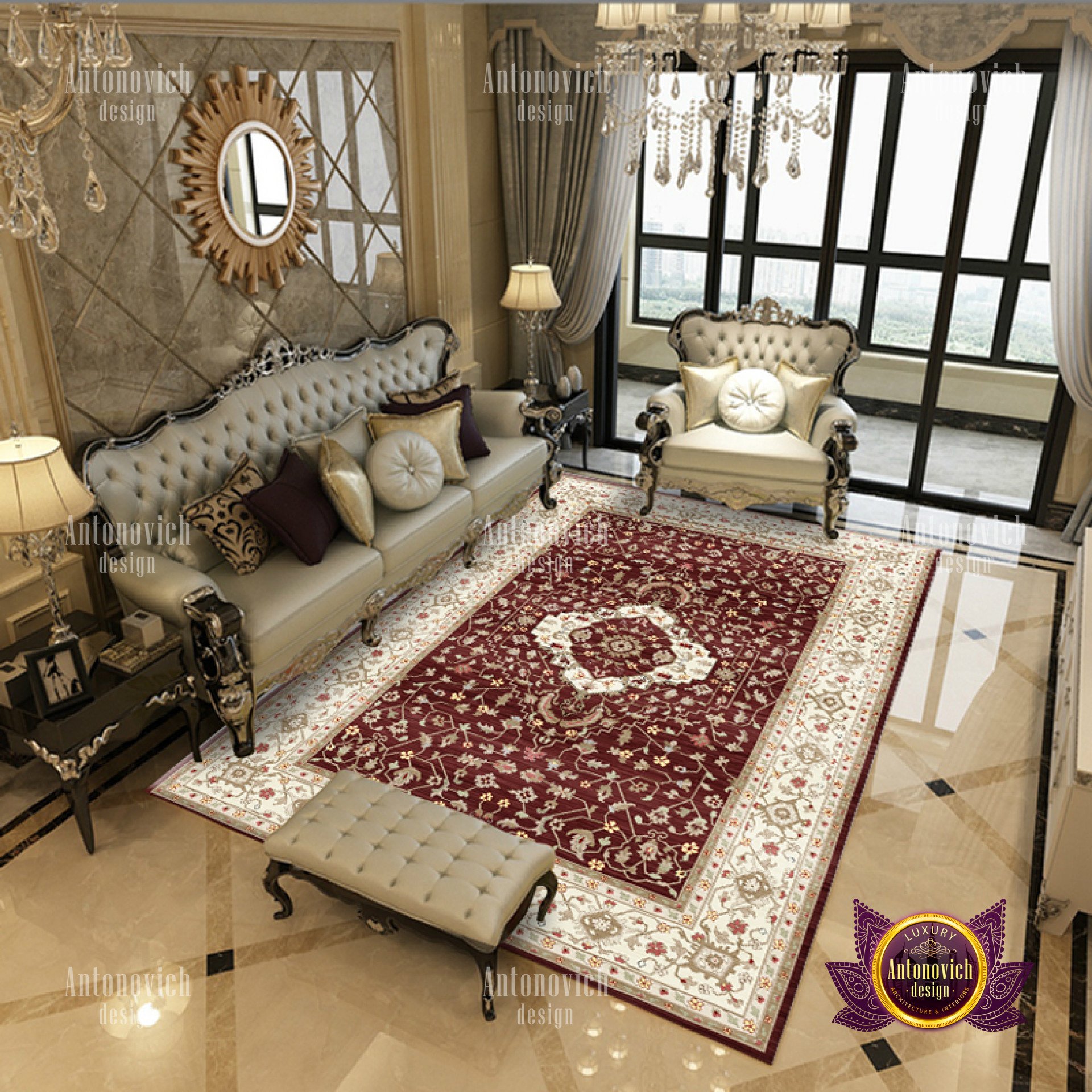 A modern, luxurious bedroom with a predominantly beige color scheme featuring a large four poster bed, chaise lounge, and ornate cabinet.