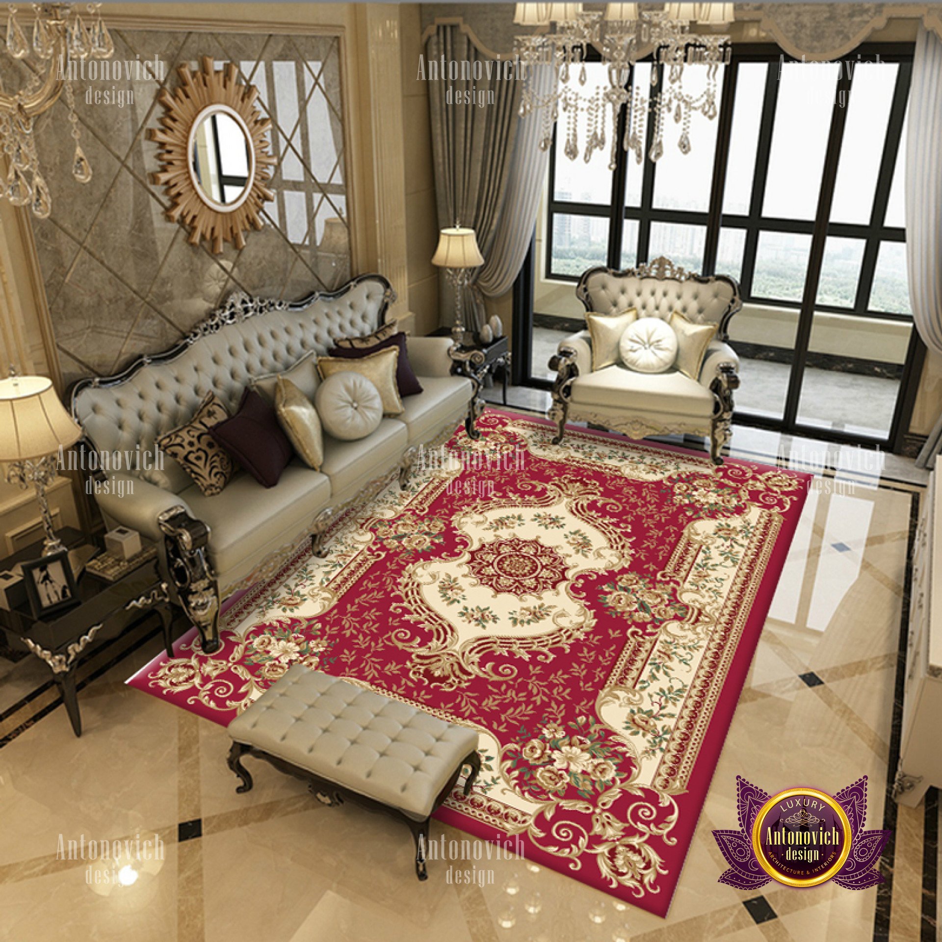 This picture is showing a luxurious master bedroom. The room is decorated in shades of beige and gold, with a large bed featuring a lavish headboard and bed linens. The bed is centered in the room, underneath a tall chandelier hanging from the ceiling. To the left of the bed is an ornate vanity desk and chair, and to the right is a chaise lounge chair. At the far end of the room is an elegant window seat filled with plush pink pillows.