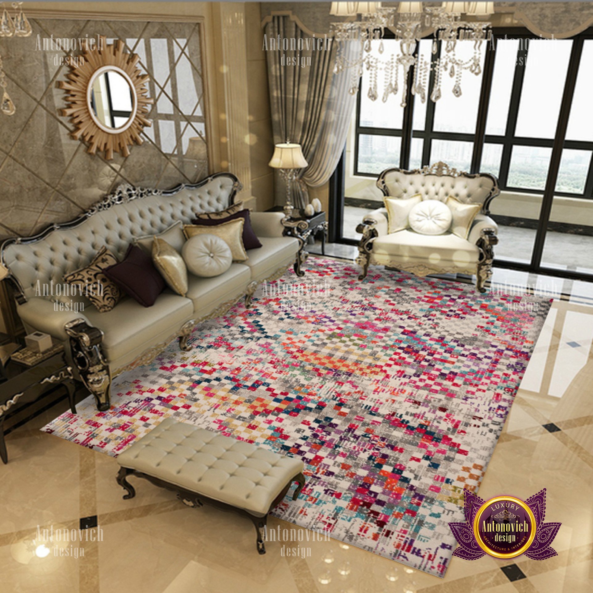 The picture shows a luxurious staircase that is located in a beautiful and intricately-decorated interior space. The stairs are made from white marble with intricate golden carvings on the steps, banisters, and walls. The walls are adorned with patterned wallpaper and framed artworks, and the ceiling features an ornate chandelier.