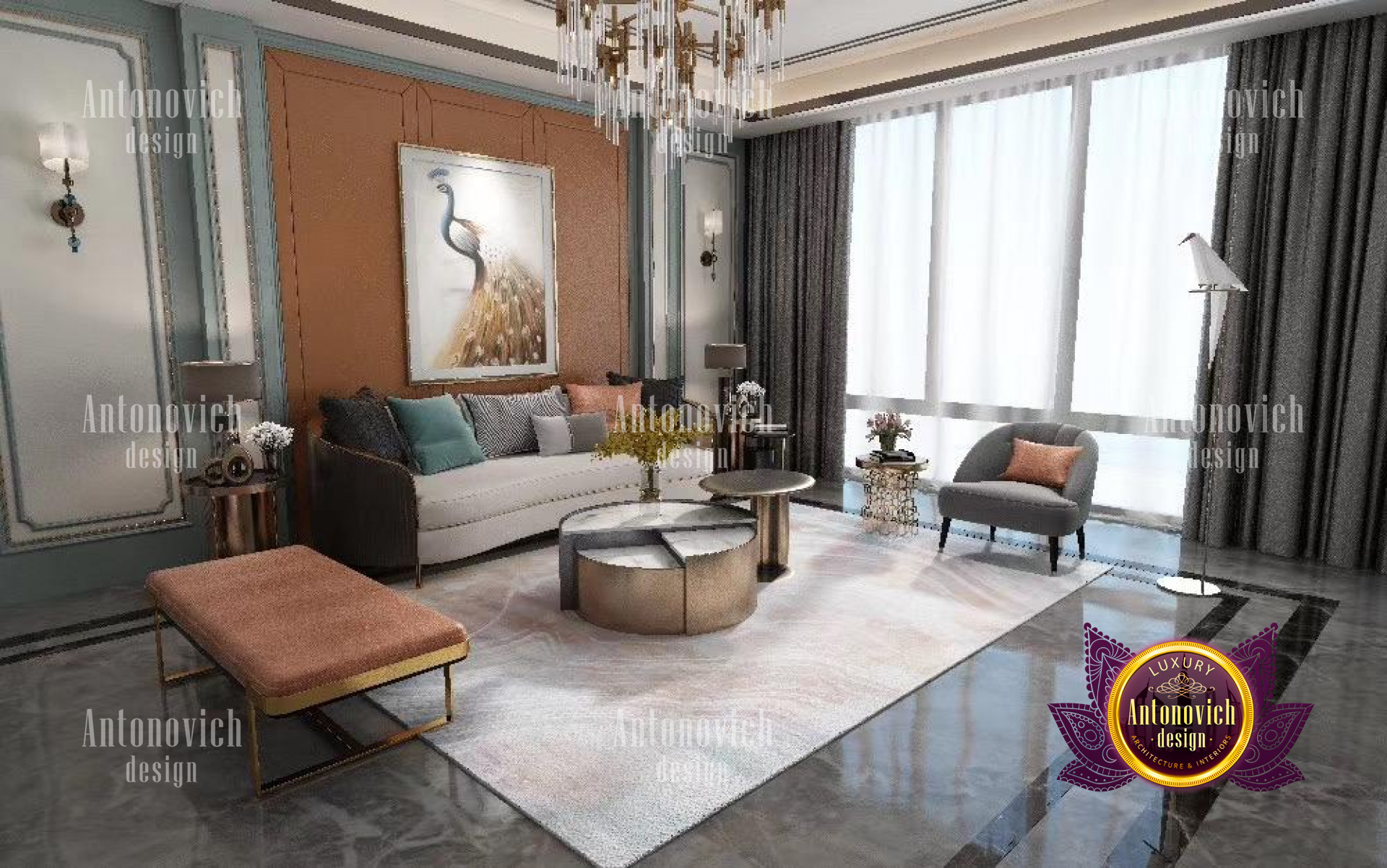 jpgThe picture shows a luxurious modern living room. The room has an elegant cream-colored sofa, two matching armchairs, and a light brown coffee table. There is also a beige area rug on the floor and chandelier lights hanging from the ceiling. The walls are decorated with a variety of framed artwork and luxury wall mirrors, and the wall behind the sofa features a built-in fireplace.