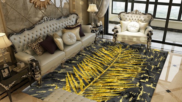 This picture shows a modern, opulent living room. The room features a white and gold palette and includes a cream-colored sofa, a black and gold coffee table, and art pieces with gold accents hung on the walls. The room is illuminated by a stylish crystal chandelier with beaded shades that hang from the ceiling and adds an extra touch of glamour.