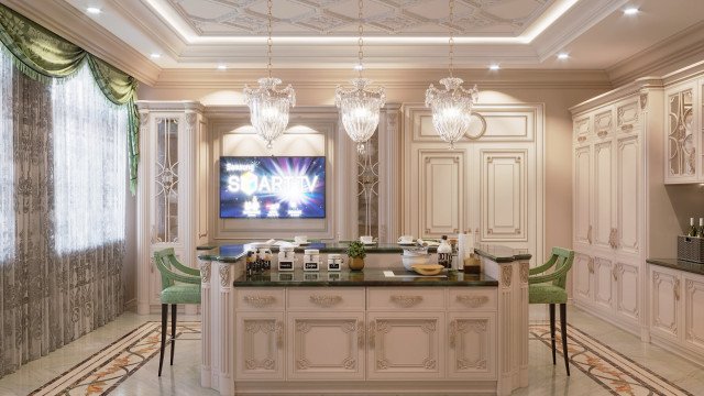 This picture shows an elegant and luxurious living room. The room has beige walls, marbled floors, and a high ceiling with beautiful ornate decorative designs. There is a large, plush white sofa and small matching chairs, as well as a metal coffee table in the center of the room. On either side of the room are two sets of glass doors which lead out to a balcony with a breathtaking view of the city.