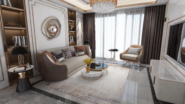 This picture shows an opulent, luxurious living room designed in a contemporary style. The room is characterized by an abundance of natural light from large windows and a balcony with patio furniture. The walls are decorated with an ornate wallpaper pattern, contrasting nicely with the crisp white furnishings and a large ornate rug in the center of the room. Rich velvet couches are arranged around a grand marble fireplace, with a large roman-style window to the side and two smaller decorative windows above. Other features of the room include detailed chandeliers, sconces, and wall art.