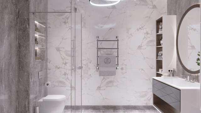 This is a stunning, contemporary bathroom with a white and black colour palette. The perfect place to relax and rejuvenate!