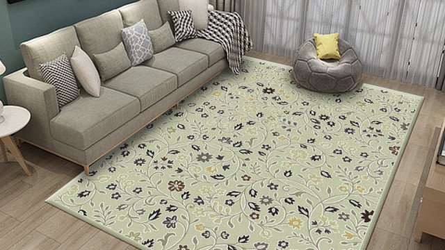 Modern luxurious living room with plush sofa, armchair, coffee table, and area rug.