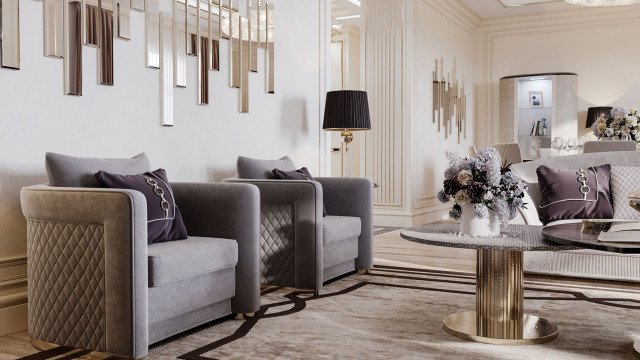 This picture shows a luxurious bedroom featuring a white upholstered bed with a detailed headboard, several pieces of elegant artwork hung in a patterned wall, an area rug in an intricate design, a well-crafted wooden nightstand, and a silver-tone metal ceiling lamp.