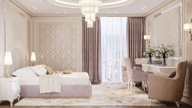 This picture shows an ornately decorated living room with a high ceiling, large windows, and cream-colored walls. The furniture is luxurious and upholstered in a dark green velvet-like fabric. The floor is covered in an intricately patterned rug and there are several pieces of art hanging on the walls. The overall look is grand and regal, perfect for a lavish home.