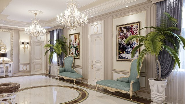 A curved staircase with a molded balustrade, featuring ornate patterned woodwork and metallic embellishments.