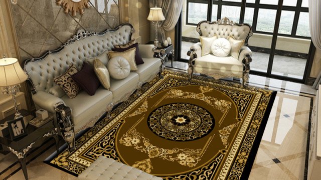 This picture shows a modern and luxurious living room, designed by Antonovich Design. It features white couches with beige and bronze accents, a round glass coffee table, and a white shag rug. The walls are decorated with various textures, such as intricate wallpaper and marble panels, while the ceiling is illuminated with a modern gold chandelier. Large windows give a view of the city skyline.