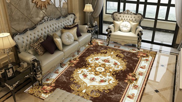 An ornate dining room with an intricately carved white armoire, a large chandelier, a plush grey sofa, and a well-crafted wooden dining table set.