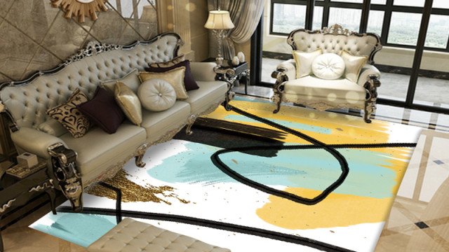 This picture shows an elegant, modern living room. It features a white sofa with gold accents, two matching chairs with white and gold upholstery, and a beautiful area rug in shades of beige and blue. On the walls are decorative paintings, and there is an abstract wall sculpture in the background. The room also has an abundance of natural light thanks to its large windows.