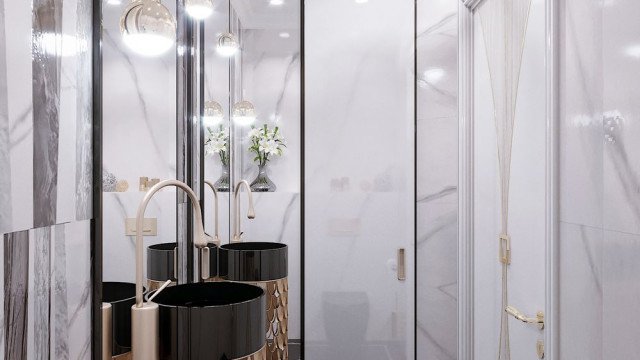 High-end modern kitchen design with brown marble flooring and ceiling, completed with white cabinetry and gold accents.