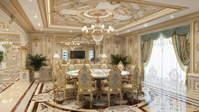 Modern luxurious living room with cream-colored walls, arched pillars, textured wall art, and a beige and grey tufted sectional sofa.