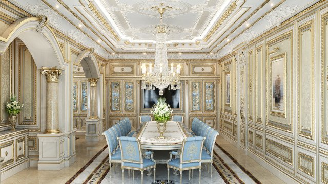 This picture shows a modern living room design in white and gold tones. The walls and ceiling are painted pure white, and the floor is decorated with a geometric pattern of white and gold tiles. A crystal chandelier hangs from the ceiling in the center of the room, adding to the luxurious atmosphere. The furniture is mostly white, with some gold accents for extra contrast. The two-seat sofa has white and gold cushions, and there is a low table between the sofa and armchair. The room also features built-in bookcases and cabinets that provide plenty of storage space.