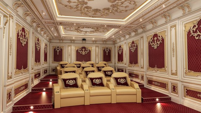 This picture shows a stylish modern living room with white walls and furniture. The center of the room features a large, round black sofa surrounded by sleek white chairs and a long, white leather ottoman. On the floor is a luxurious fur rug, and in the corner is an artfully arranged glass coffee table. The windows are dressed with sheer white and black curtains, and there is a large, contemporary painting hanging on the wall.