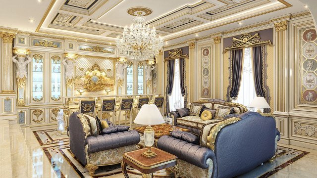 This picture shows a modern and luxurious living room with a grand piano in the center. The furniture and décor are contemporary, with white sofas set on a black and gold patterned rug. The walls are also painted white, giving the room an open and airy feel. Gold-framed art and sculptures add texture and character to the space. The walls are illuminated by wall-mounted sconces and a striking chandelier hangs from the ceiling.