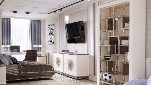 This picture shows a luxurious, modern and stylish living space with an extravagant ceiling design. The room is decorated with a stunning chandelier, a large and comfortable sofa, two armchairs, two side tables, and a round glass table. The walls are painted with a neutral beige color, and the floor is covered with a beautiful light wooden flooring.