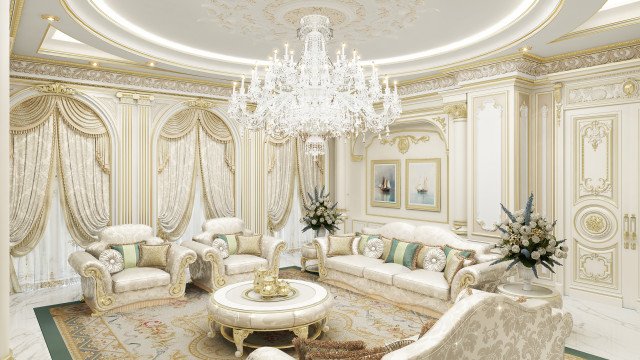 This picture shows a luxurious white marble bathroom with a huge crystal chandelier hanging from the ceiling. In the center of the room there is an oversized freestanding bathtub with ornate fixtures and gold touches. A marble countertop sits next to the bathtub, with an intricately-designed sink and plenty of storage space underneath. There are also two large mirrors mounted on the walls. The room is finished off with tasteful artwork and a plush white carpet covering the floor.